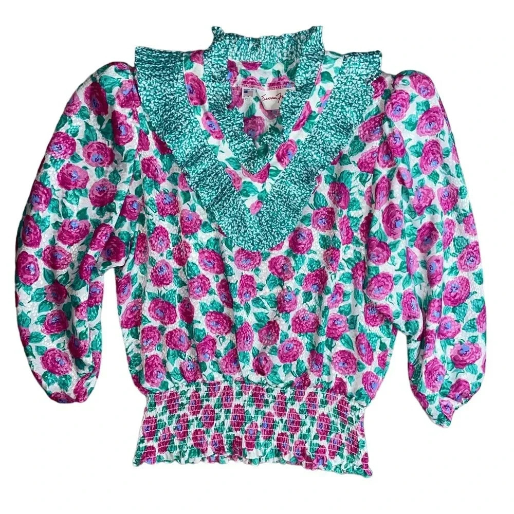 Vintage 80’s Susan Freis Floral Ruffle Blouse Made In USA Women’s Size XS Boho
